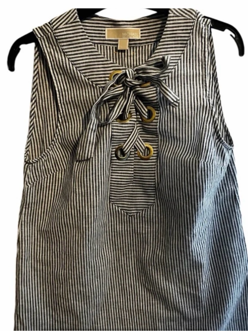 Michael Kors Navy and White Striped tie Top
